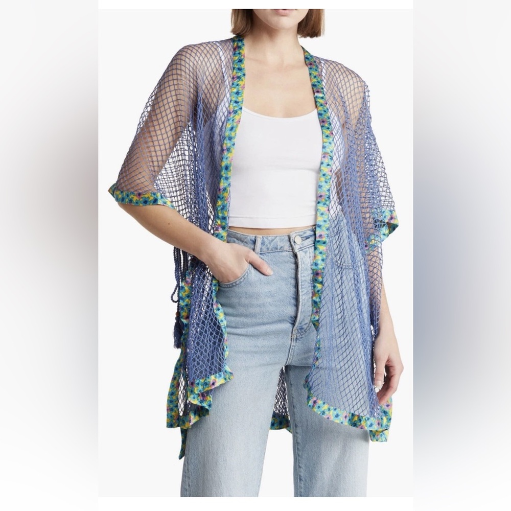 New NWT Steve Madden Open Weave Mesh Coverup Topper Blue One Size Floral Trim
